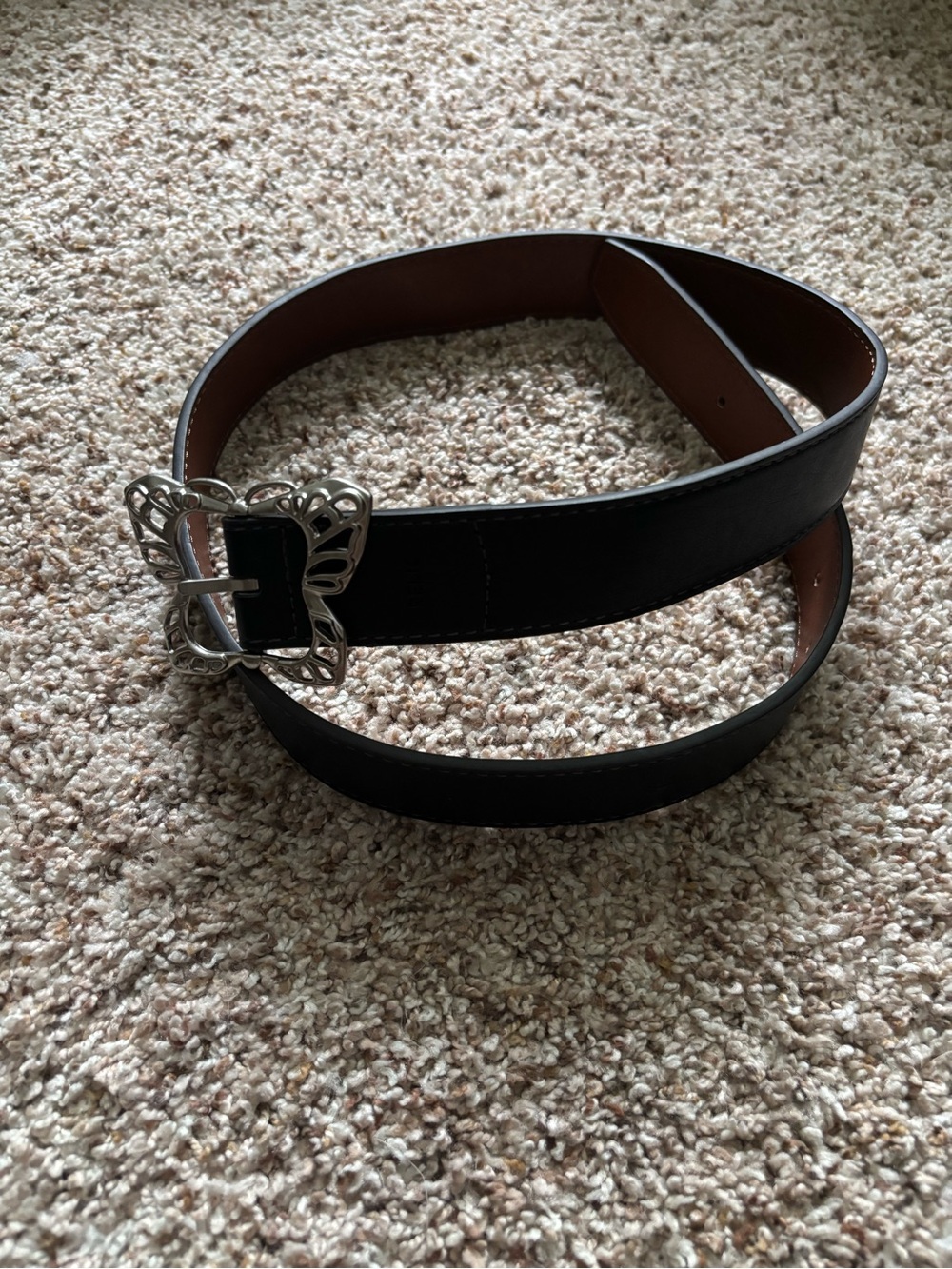 Black Leather Women's Belt with Decorative Butterfly Silver-Tone Buckle